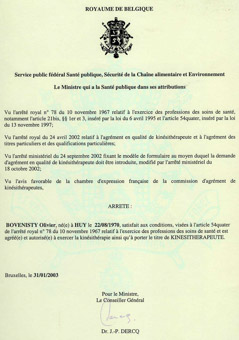 Diplôme de kinésithérapeute obtenu en juin 1994