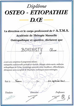 Diplôme en thérapie manuelle et sportive (ostéopathie traditionnelle, cyriax…) obtenu en juin 2001